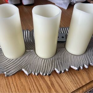 Cream flameless LED Candles on Silver Leaf Tray